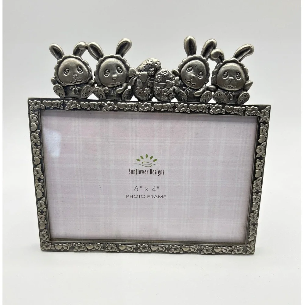 Sunflower Designs Bunny Rabbit 4x6 Photo Frame Easter Eggs Floral Silver Tone